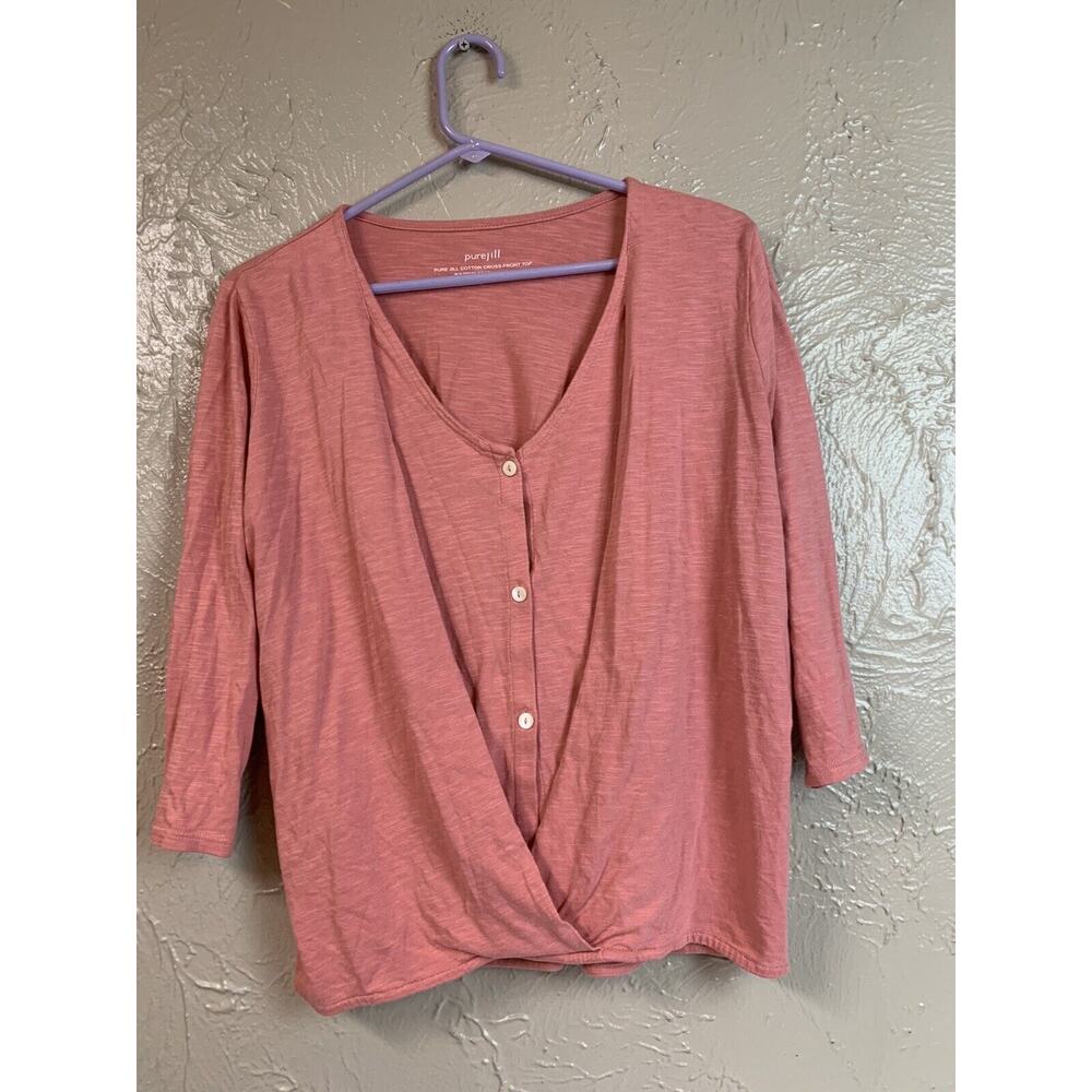 Pure Jill Cotton Cross-Front Button Up Top Peach‎ Pink V Neck Women Size Small